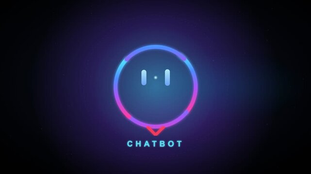 Motion graphic of a futuristic artificial intelligence chatbot icon with glowing neon lines forming a digital assistant logo on a dark sci-fi background with particle effects