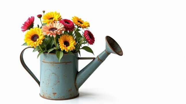 Arreglo floral dentro de una regadera de estilo vintage, aislado sobre fondo blanco