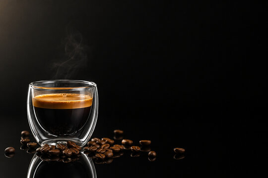 Espresso coffee fills a glass double walled cup surrounded by roasted beans on black surface.
