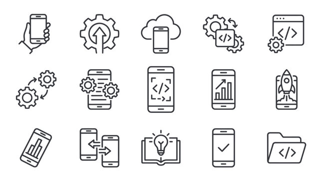 Mobile App Development Icons: Coding, Strategy, Launch, Analytics, and Innovation