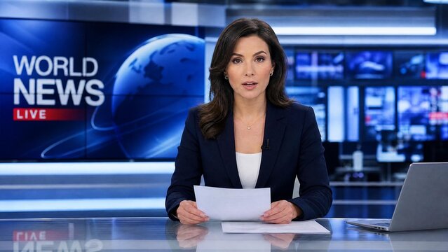 Professional Female News Anchor Presenting World News Live in Modern Broadcast Studio