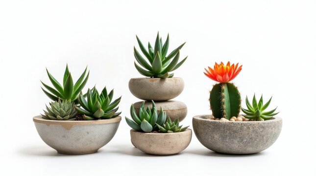 Suculentas y cactus en flor en macetas de piedra apilada, aislados sobre fondo blanco