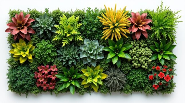 Muro vegetal con especies de flores coloridas dispuestas en secciones geom&eacute;tricas sobre un fondo blanco