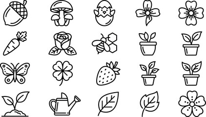 Cute spring nature outline icon collection with flowers, plants, butterfly, mushroom and gardening elements in hand drawn vector style © Danial