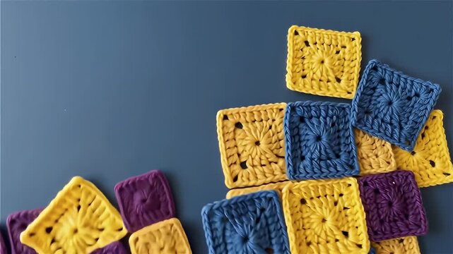 Array of yellow, purple, and blue handmade crochet granny squares on a flat blue surface, showcasing detailed yarn texture, traditional patterns, and DIY needlework craft materials.