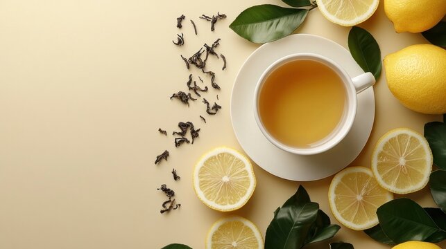 Overhead view of a cup of tea with lemon slices and tea leaves on a beige background.