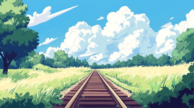 Summer day, railway tracks vanishing into lush green field under a vibrant blue sky with fluffy clouds.