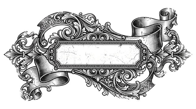 Vintage baroque frame with ornate scrollwork, antique engraving style border, decorative victorian banner for elegant wedding invitations isolated PNG with Transparent Background