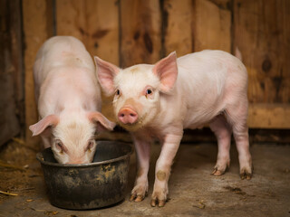 Two pink piglets eating from a bowl in a rustic barn © Syedsarfraz