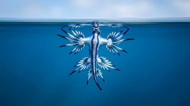 Blue Glaucus slug floating on ocean surface with reflection