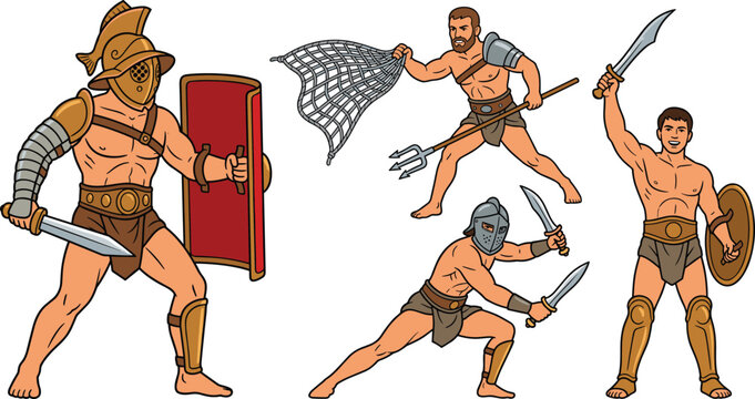 Ancient Roman Gladiator Character Set Featuring Murmillo Secutor Retiarius with Trident Net Shields and Swords for Historical Combat Designs Vector Illustration