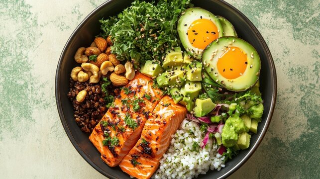 Healthy salmon bowl with rice, avocado, kale, nuts, and egg.
