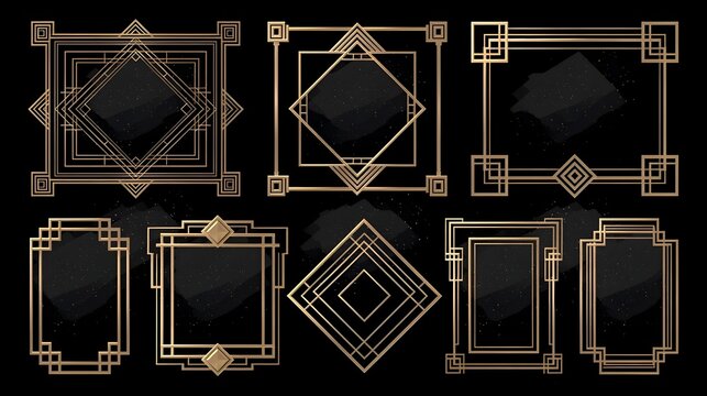 Art Deco frame. Geometric ornament border. Vintage 1920s luxury golden style dividers, corners, frames, headers. Retro elegance element for invitation, card, poster. Vector set Stock Vector