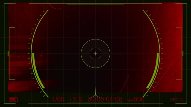 Cinematic camera viewfinder overlay with red film damage. Transparent alpha channel in ProRes 4444 format. Perfect for VFX, motion graphics, and video compositing.