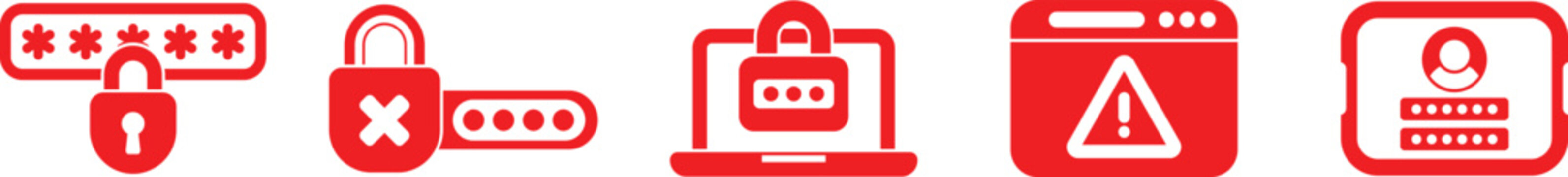 Red security icons set with lock and warning symbols