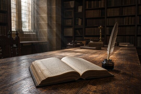 Wooden library table with manuscript, quill and inkwell in dust motes.