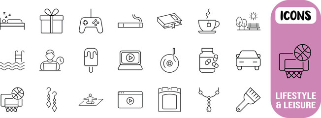 Daily lifestyle and leisure activity icons. gamepad icon set, car icon set, laptop icon set © Liza