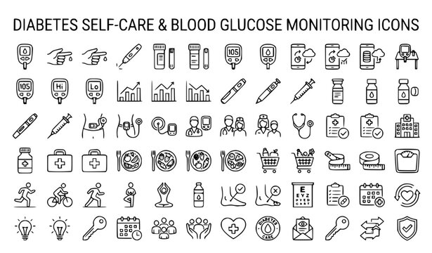 Diabetes Management and Glucose Testing Outline Icons Vector Collection
