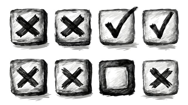 Check tick mark icon set, hand drawn cross box x check mark checkbox v, sketch marker checklist symbol right and wrong set, brush marker checklist symbol, Hand drawn doodle vote yes no Stock Vector