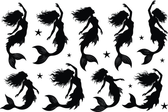 Elegant Mermaid Silhouette Pattern with Decorative Stars for Fantasy and Nautical Design