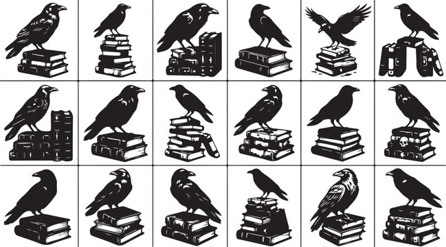 Black crow icons on books, raven silhouettes, bookworm vector graphics, educational illustrations