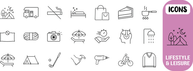 Lifestyle and leisure line icons. tent icon set, camera icon set, bicycle icon set © Liza