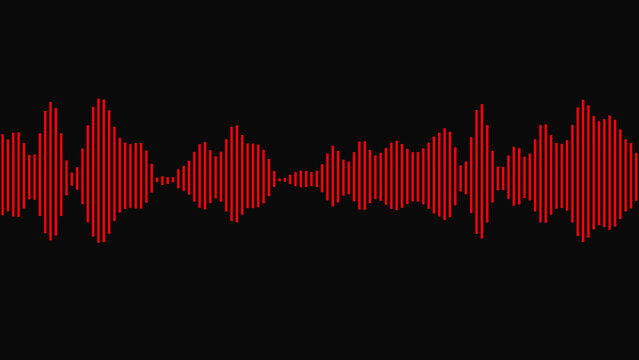Red digital sound wave audio equalizer bars on a black background representing music frequency and rhythm visualization for modern technology and media production concepts