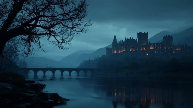 Mysterious castle on a hill overlooking a misty river at dusk.