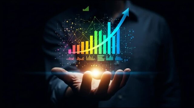 Digital business chart floating above palm showing financial growth and market performance in this professional motion video animation design concept