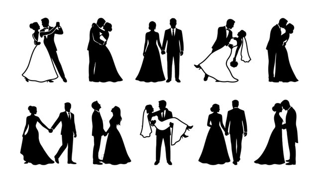 Wedding Couple Silhouettes Set, Bride and Groom Vector Icons