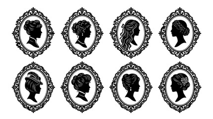 Victorian Woman Silhouette Portraits in Ornate Oval Frames © Stark Strokes