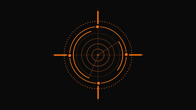 Orange circular target sight icon with thin lines and dots on a dark black background for digital interface design