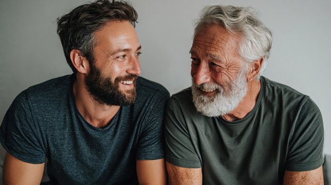 Photorealistic candid lifestyle photo of exactly two caucasian men one adult son aged 45-55 and his elderly father aged 80+, seated side by side in quiet conversation