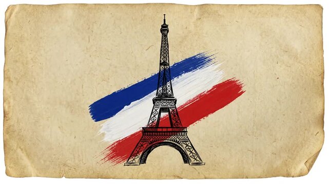 Eiffel Tower illustration with French flag colors on an old paper scroll animation