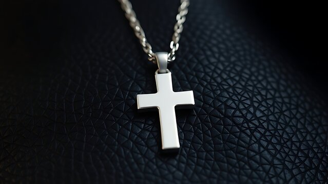 Simple silver cross necklace lying on dark textured leather background.
