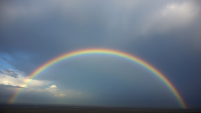 Complete rainbow bridge arching between cloud layers in sky after rain.
