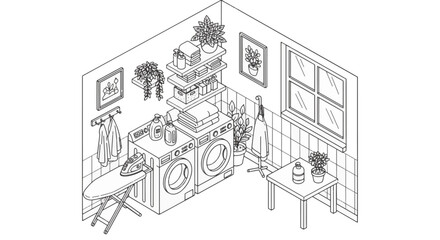 Obraz premium Isometric line art vector illustration of a cozy laundry room interior with front-load washing machine, dryer, ironing board, shelving, house plants, and window on white background.