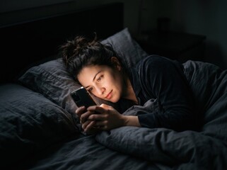 Fototapeta premium Scrolling through the Night: A woman lies in bed, illuminated by the dim light of her smartphone, engrossed in its screen as darkness envelops the room.