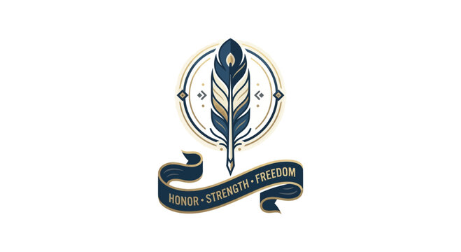 Vintage feather emblem with ribbon banner for honor and freedom