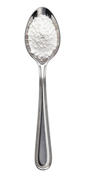 Metal teaspoon filled with white baking soda powder isolated on transparent background, sodium bicarbonate ingredient for cooking and cleaning PNG