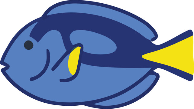 Vector illustration of blue tang fish with yellow tail and fin, cute cartoon sea creature icon.
