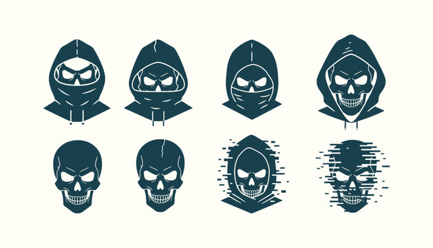 Set of anonymous hacker skull icons with glitch effects for cybersecurity and technology designs.