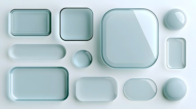 Glassmorphism frames. white background glass elements. Simple UI UX glass texture border with geometric shapes, blur, round edges, reflections for interface. Vector set Stock Vector