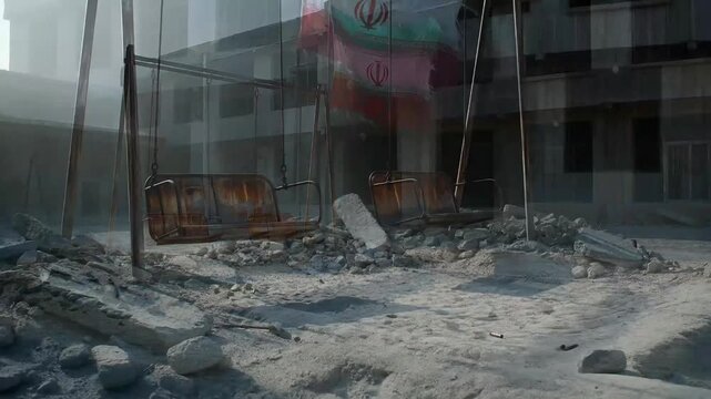 destroyed school building with swinging empty swings in dusty yard shells lie on ground and flag of iran waves on facade highlighting consequences of military conflict