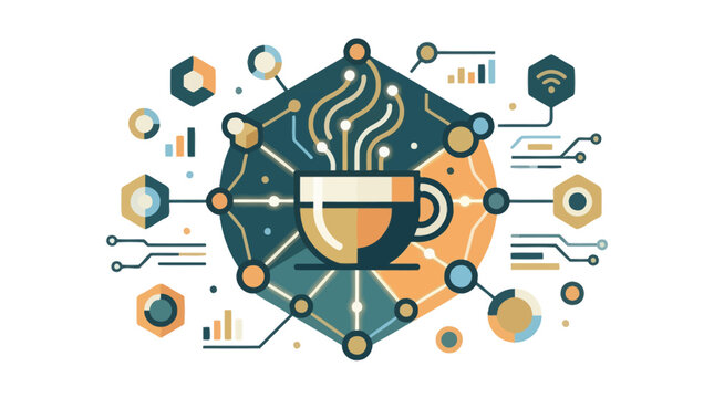 Abstract technology vector illustration of a coffee cup connected to digital data networks. EPS Editable. Vector Illustrations.