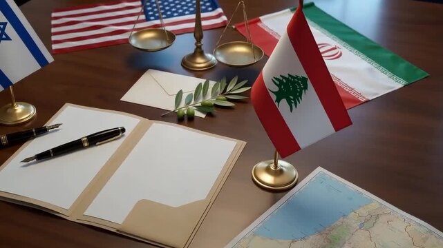 national desk flags of israel usa iran and lebanon with scales of justice olive branch folder and map are located on lacquered wooden table