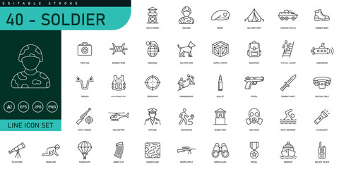 Soldier Line Icons Set, Military and Army Outline Vector Collection, Defense, Combat Equipment, Tactical Gear, War, Security, Editable Stroke Military Icons © Hamzayounas
