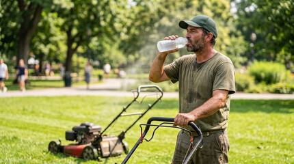 Gardener drinking water, taking break from mowing. Diligent gardener drinking water in hot park, maintaining hydration. Scene shows gardener drinking water, vital for energy © Arra Vais