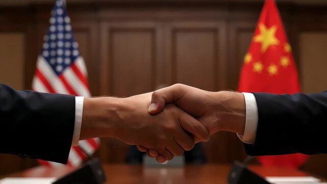close up of a handshake between representatives of the usa and china in a conference hall with the state flags of the two countries and a blurred silhouette of an official