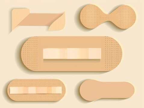 Assorted beige adhesive bandages with varied shapes and textures